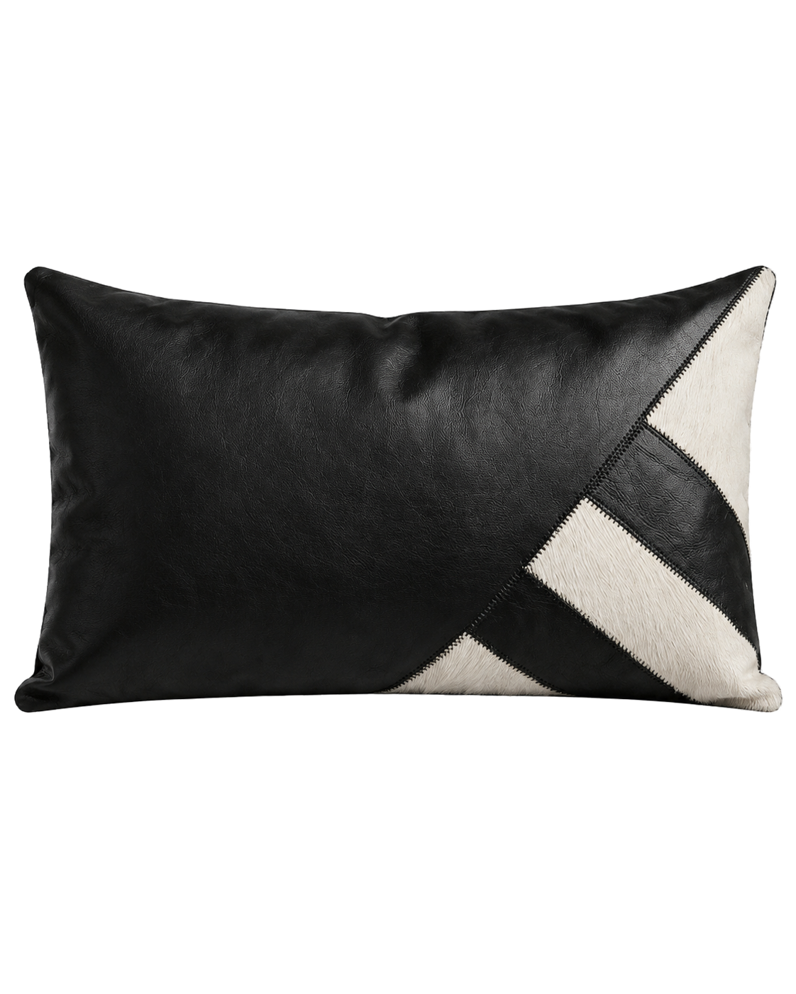 Architectural black leather and ivory cowhide geometric lumbar pillow on transparent background