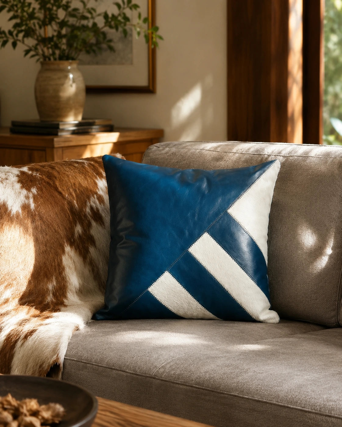 Prussian blue and ivory leather square pillow styled on a neutral sofa
