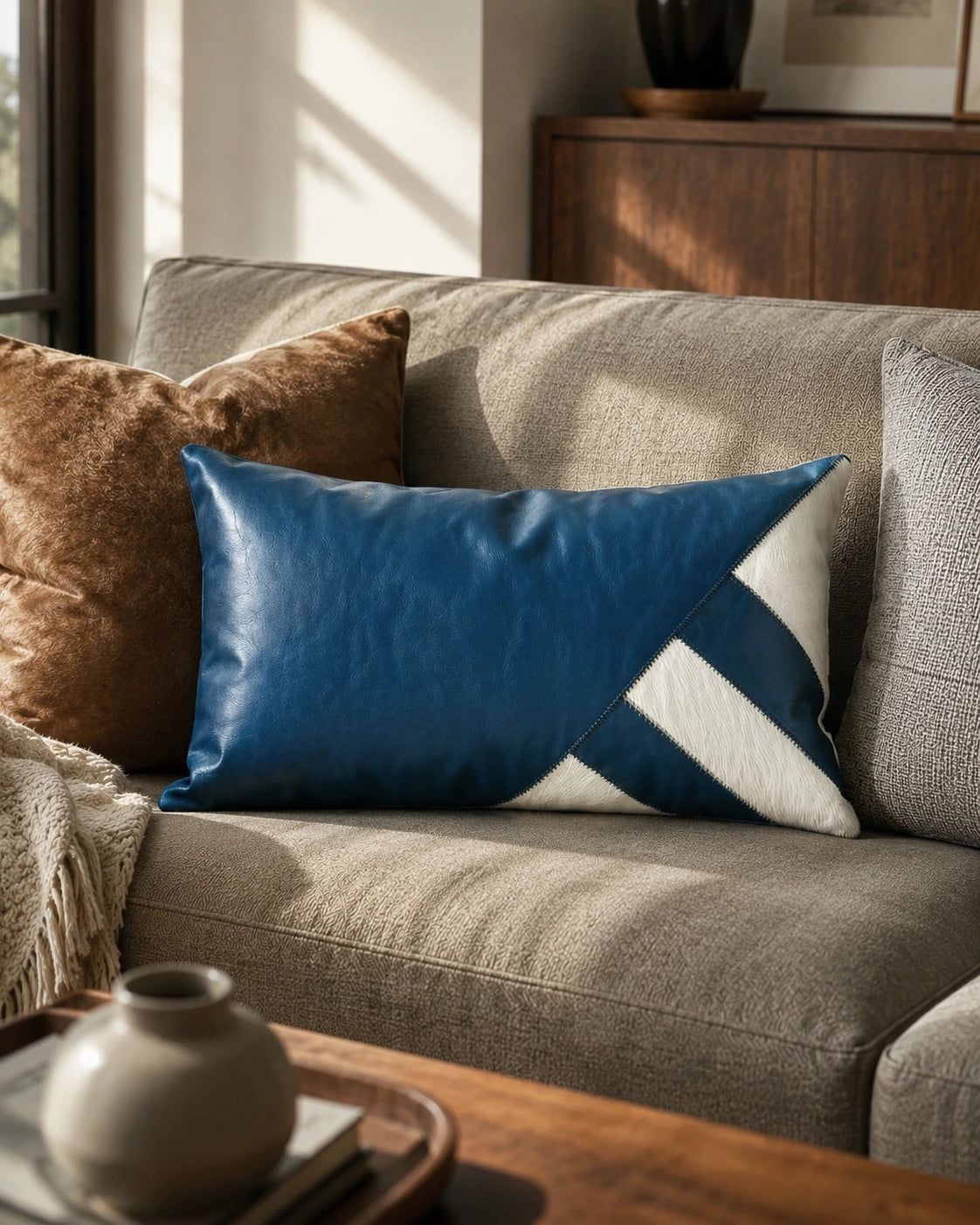 Prussian blue and ivory leather lumbar pillow styled on a neutral sofa