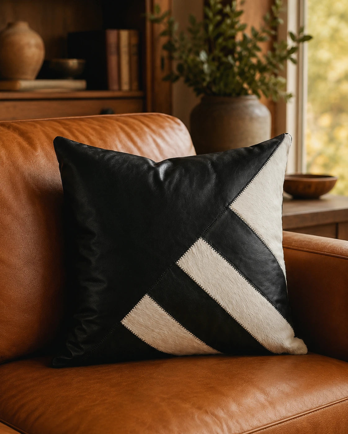 Architectural black and ivory leather square pillow styled on a cognac leather chair