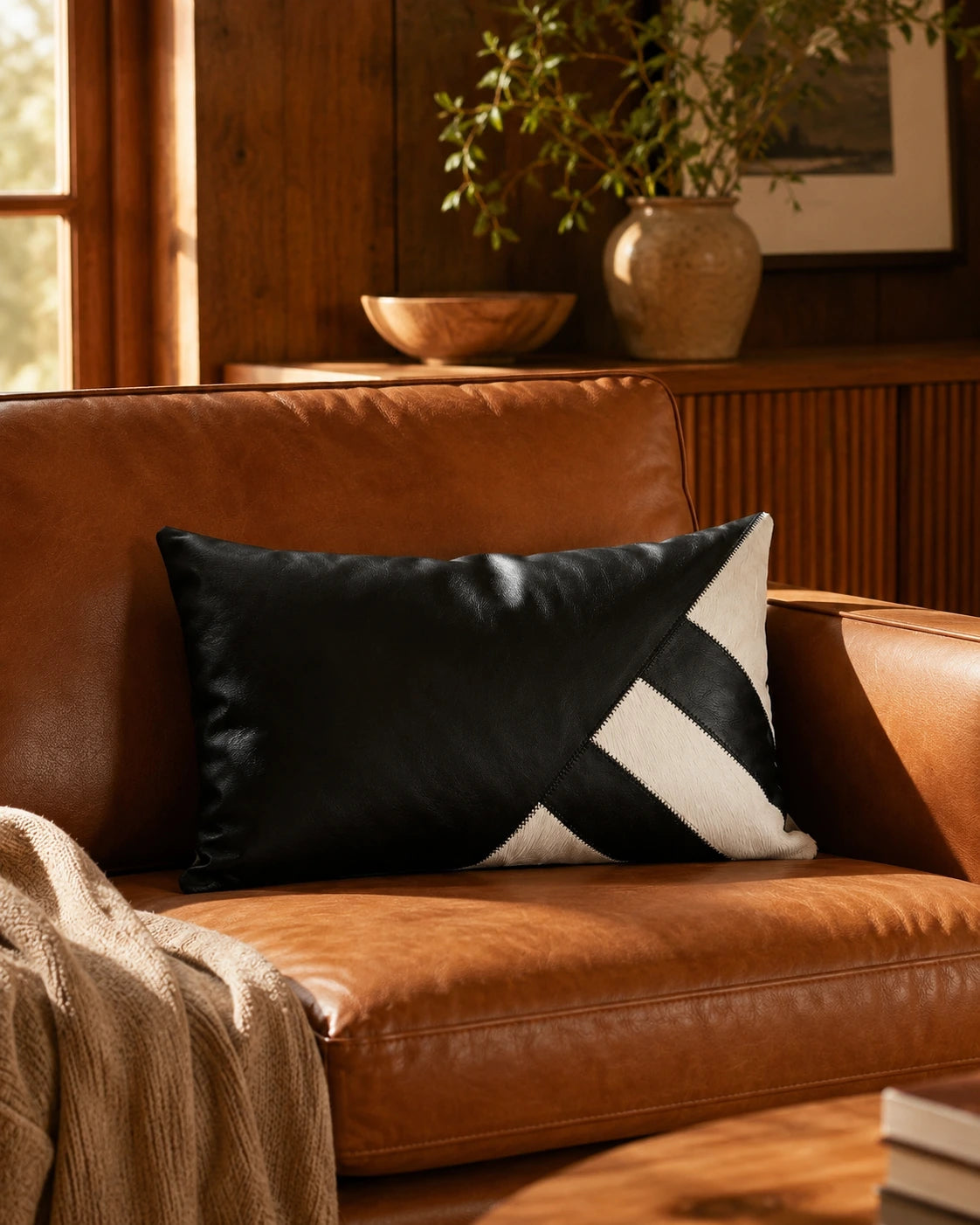 Architectural black and ivory leather lumbar pillow styled on a cognac leather chair