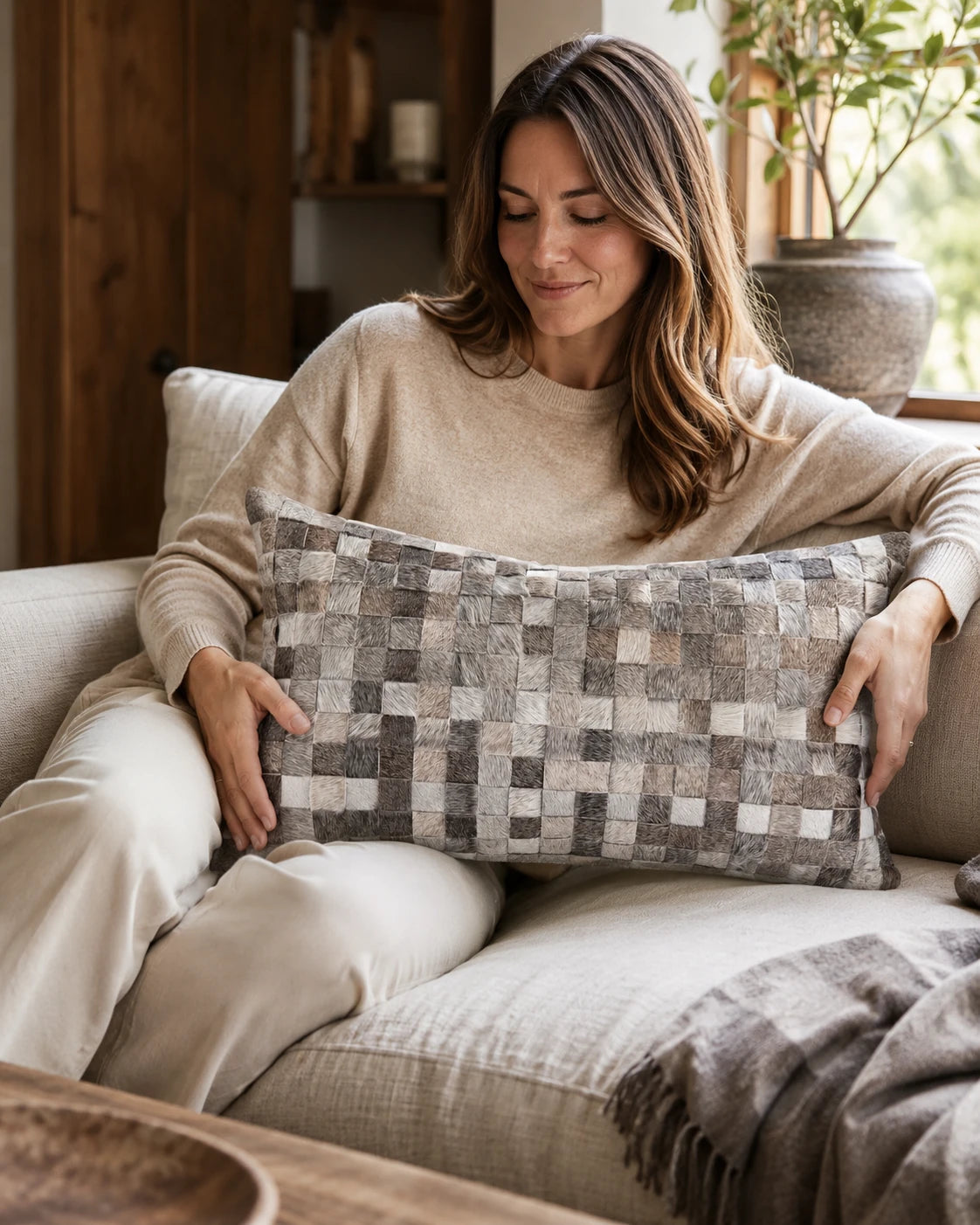 Capricornus Living Light Gray Woven lumbar cowhide pillow shown at scale on a neutral sofa