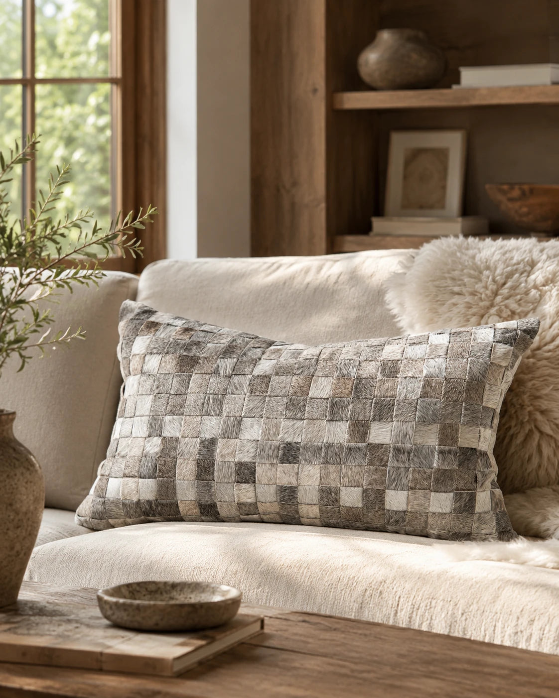 Capricornus Living Light Gray Woven lumbar cowhide pillow styled in a warm living room