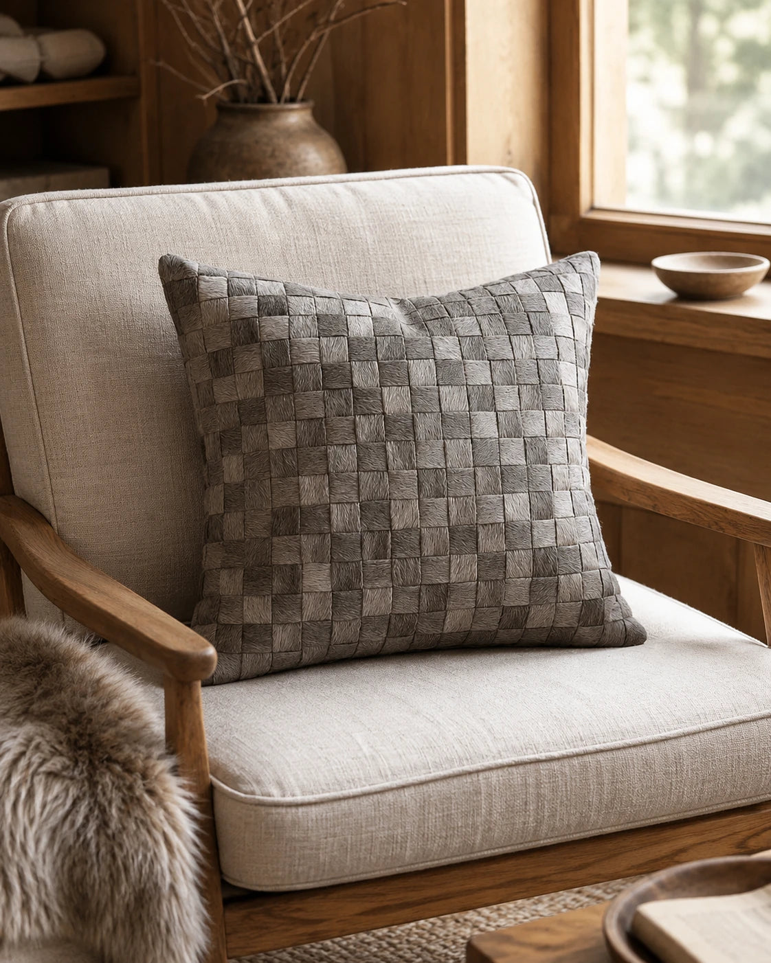 Capricornus Living Gray Woven square cowhide pillow styled on a neutral reading chair