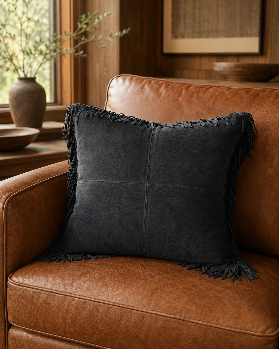 Capricornus Living Natural Black Fringe square leather pillow styled on a cognac chair