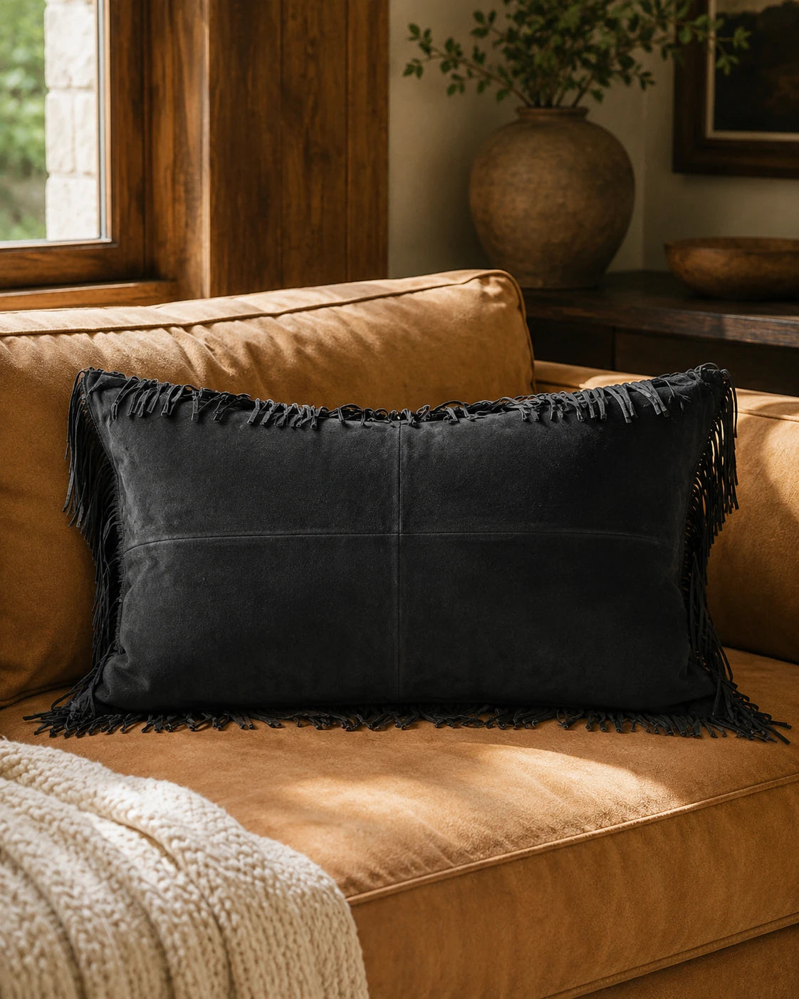 Capricornus Living Natural Black Fringe lumbar leather pillow styled on a cognac sofa
