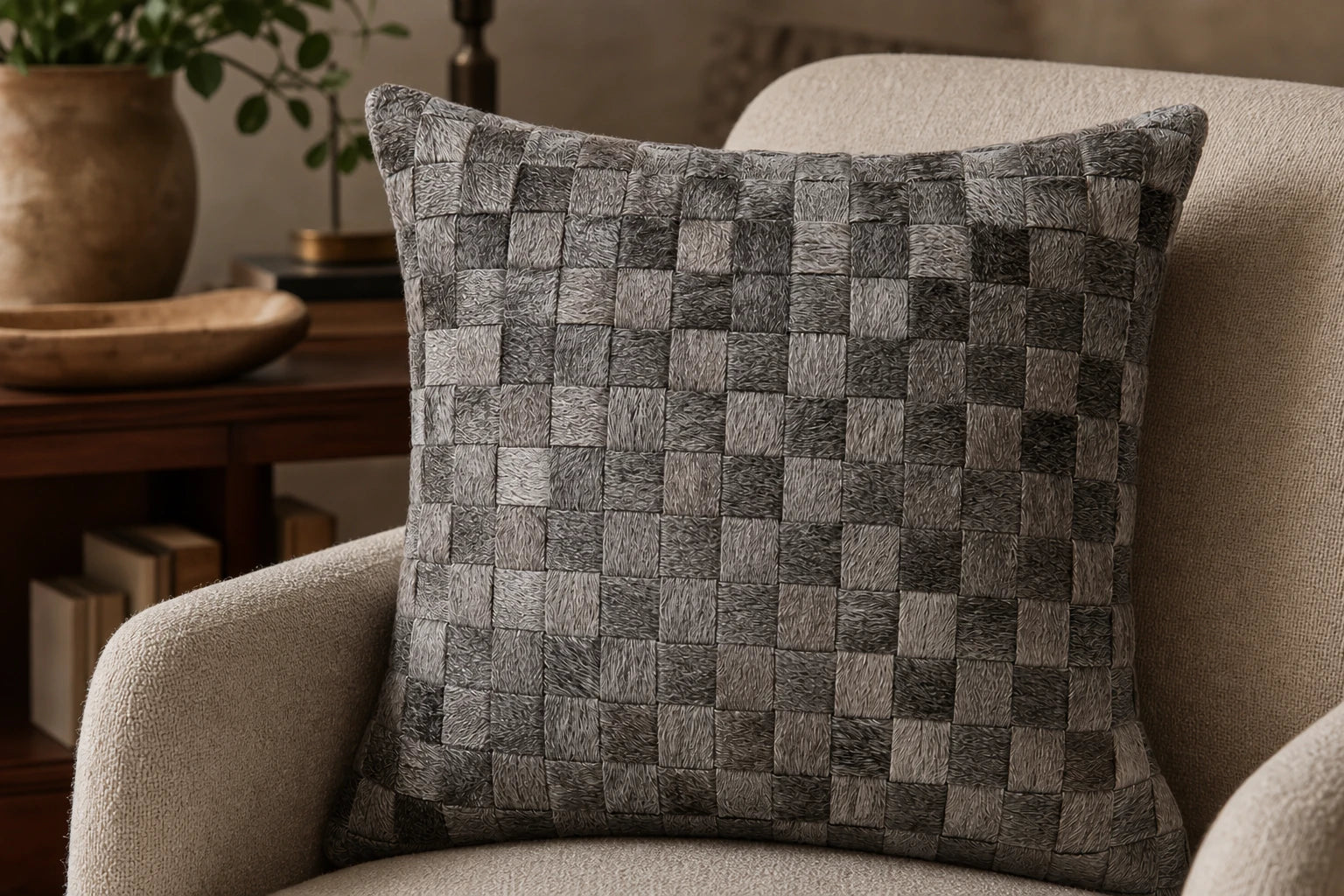 Capricornus Living Close detail of Gray Woven natural cowhide strips basket weave and edge construction