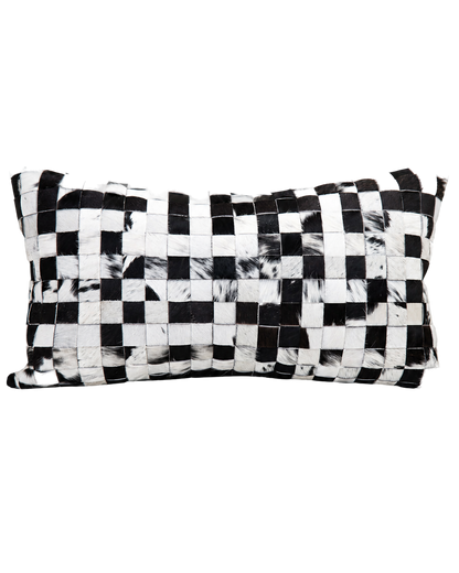 Capricornus Living Woven Black and White genuine cowhide lumbar pillow on a transparent background