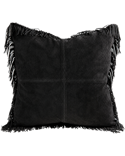 Capricornus Living Charcoal Gray genuine cowhide fringe square pillow on a transparent background