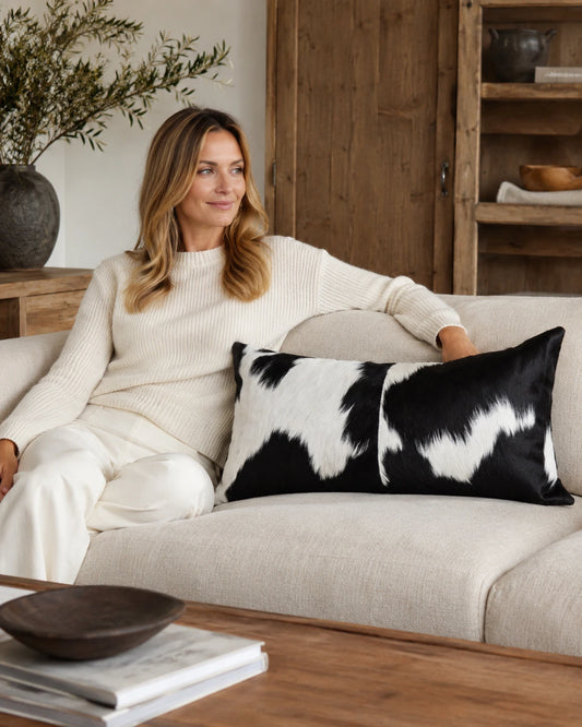 Capricornus Living Adult with a Black and White Spotted genuine cowhide lumbar pillow on a sofa