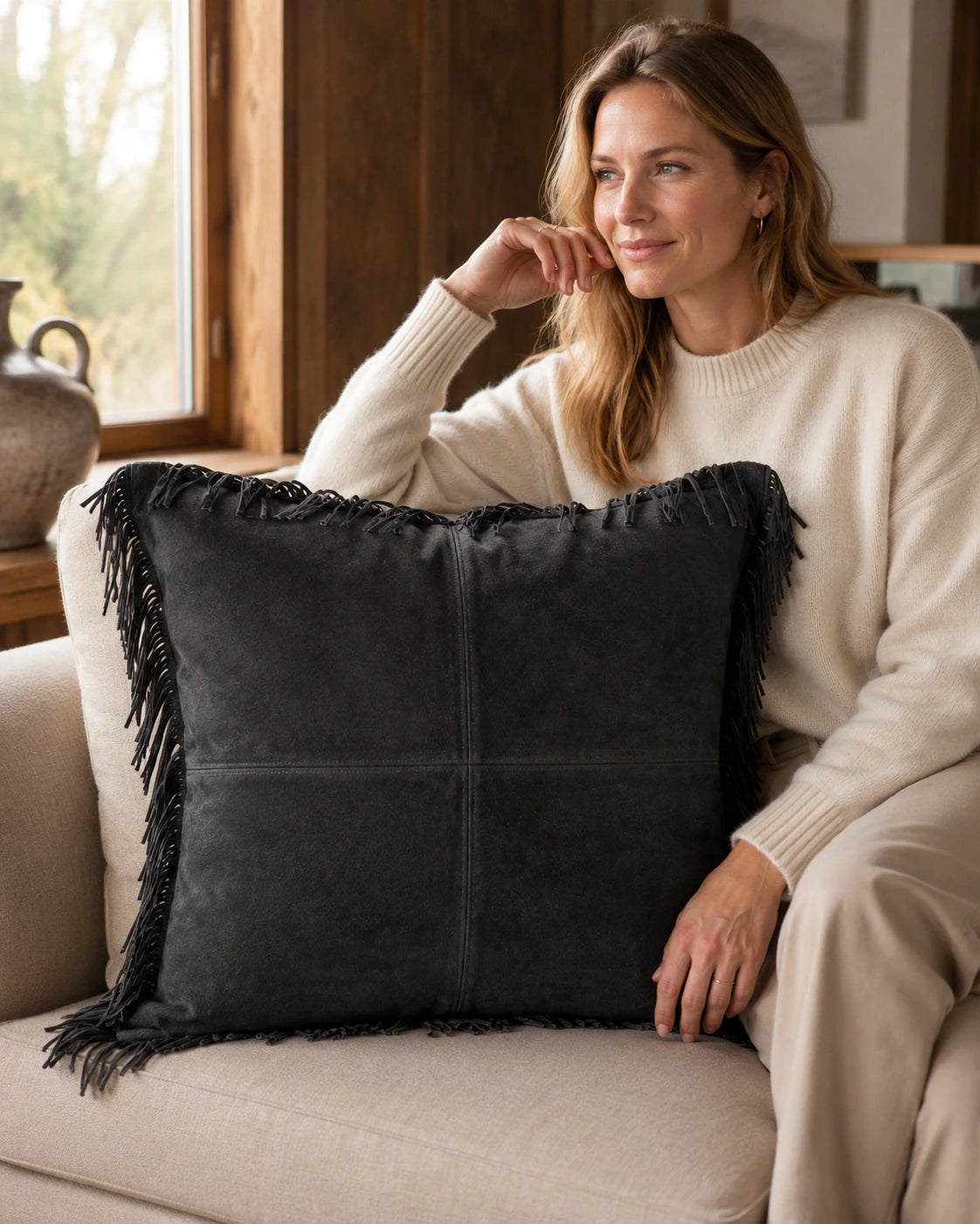 Capricornus Living Adult with a Charcoal Gray genuine cowhide fringe square pillow