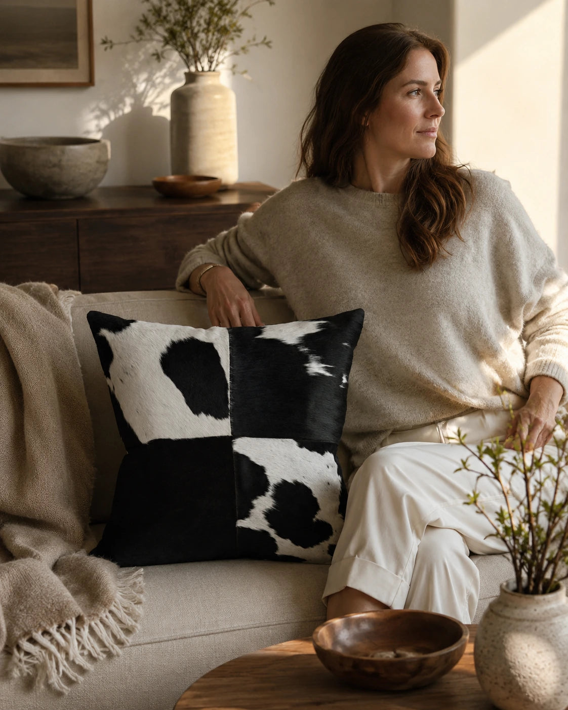 Capricornus Living Adult with a Four-Panel Black and White genuine cowhide square pillow