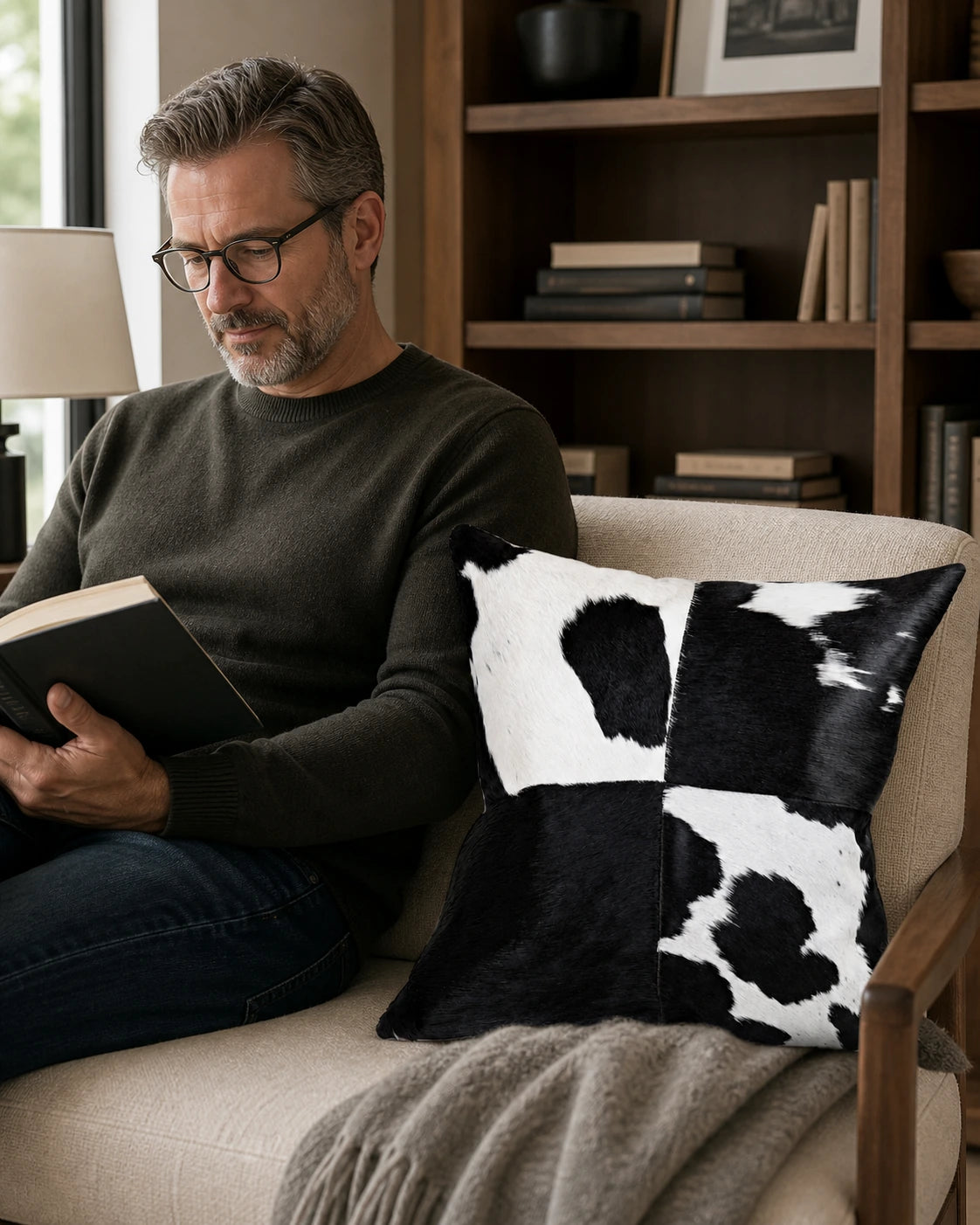Capricornus Living Adult reading beside a Four-Panel Black and White genuine cowhide pillow in an American home office