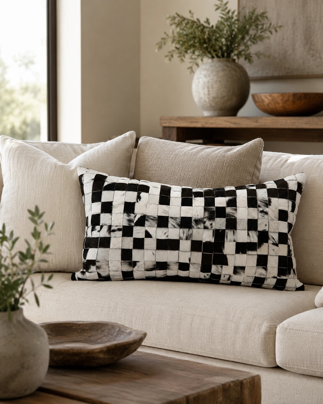Capricornus Living Woven Black and White genuine cowhide lumbar pillow styled on a linen sofa