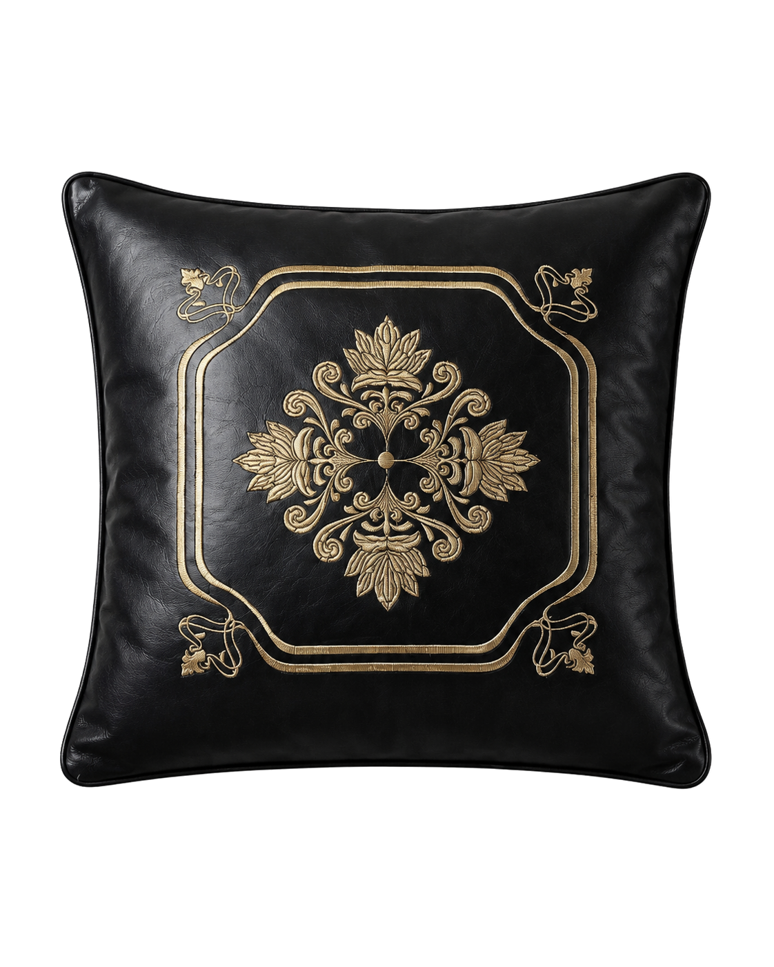 Crown black genuine cowhide leather embroidered 45 cm pillow on transparent background