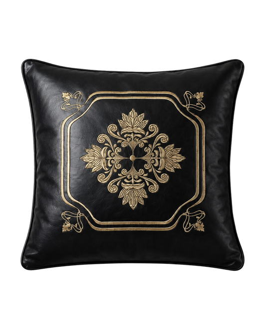 Crown black genuine cowhide leather embroidered 45 cm pillow on transparent background