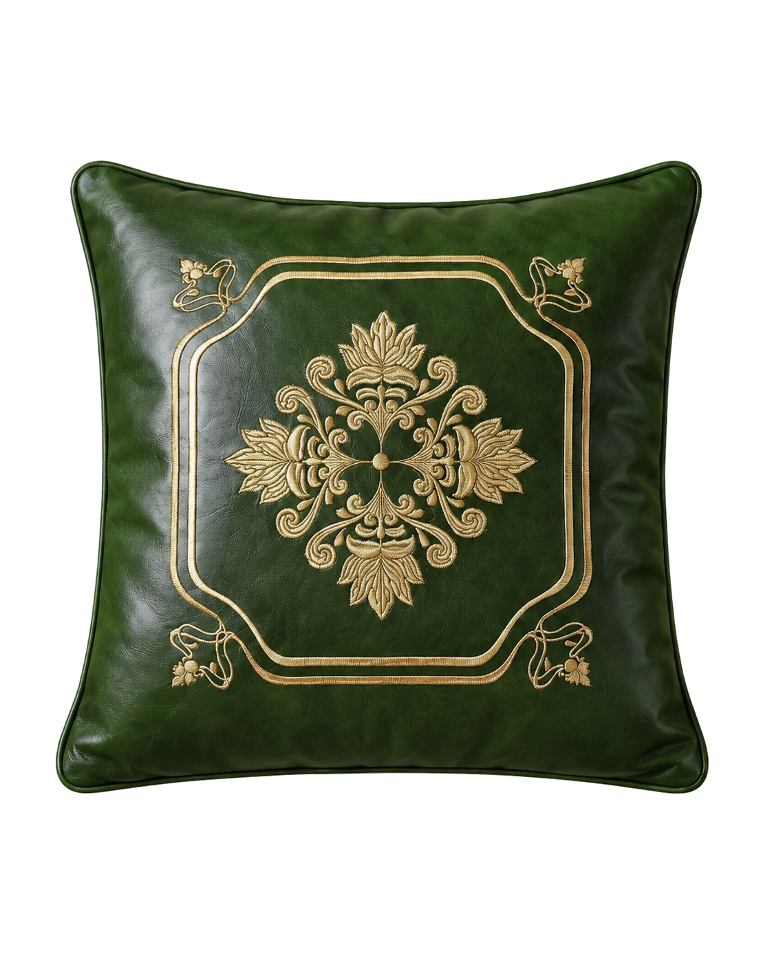 Pine needle green genuine cowhide leather embroidered 45 cm pillow on transparent background