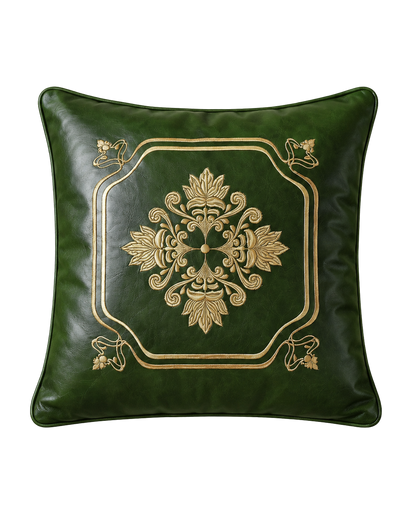 Pine needle green genuine cowhide leather embroidered 45 cm pillow on transparent background