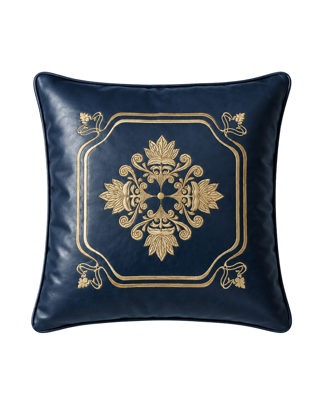 Deep sea indigo genuine cowhide leather embroidered 45 cm pillow on transparent background