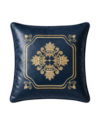 Deep sea indigo genuine cowhide leather embroidered 45 cm pillow on transparent background
