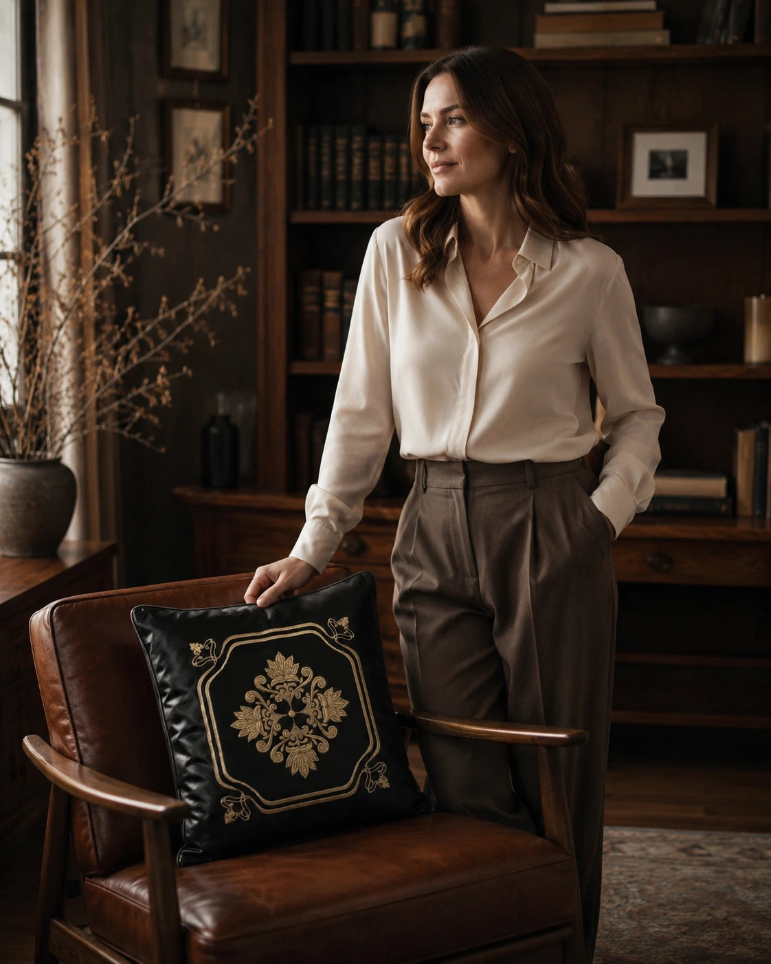 Woman over 35 styling a crown black embroidered leather pillow on a reading chair