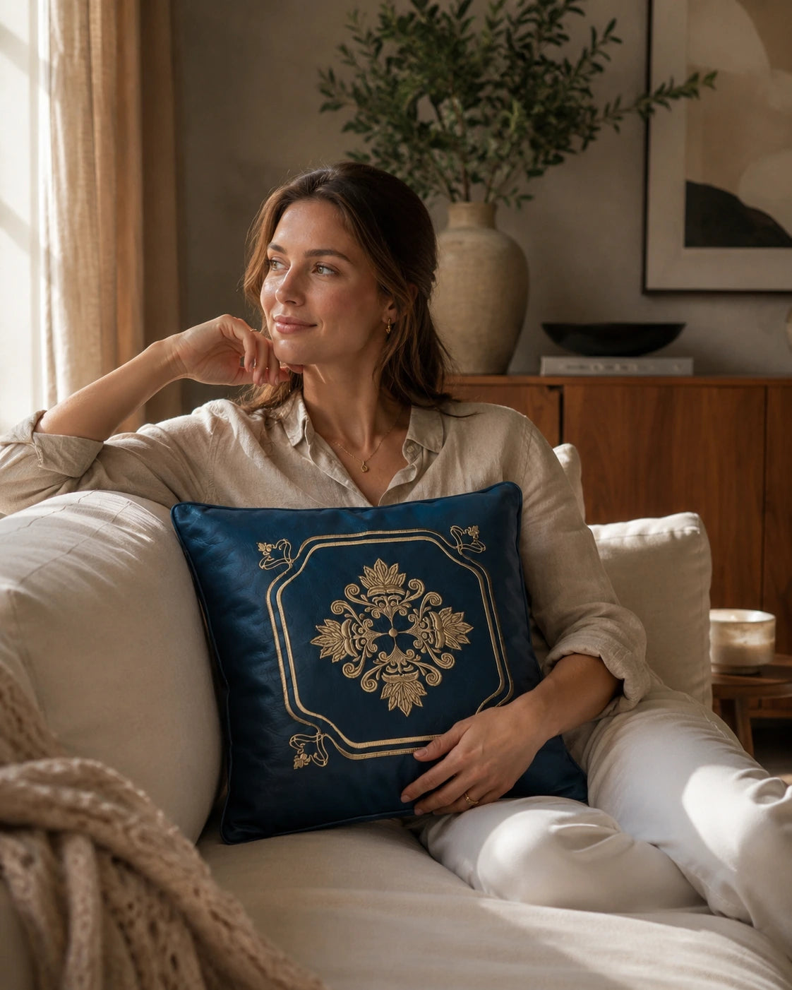 Woman over 35 holding a deep sea indigo embroidered leather pillow on a sofa