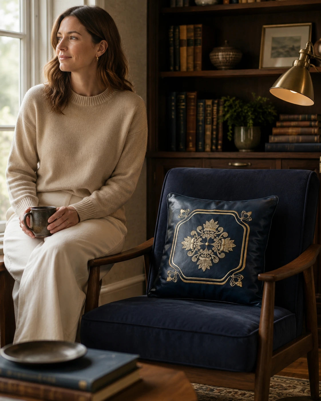 Woman over 35 beside a deep sea indigo embroidered leather pillow in a reading corner