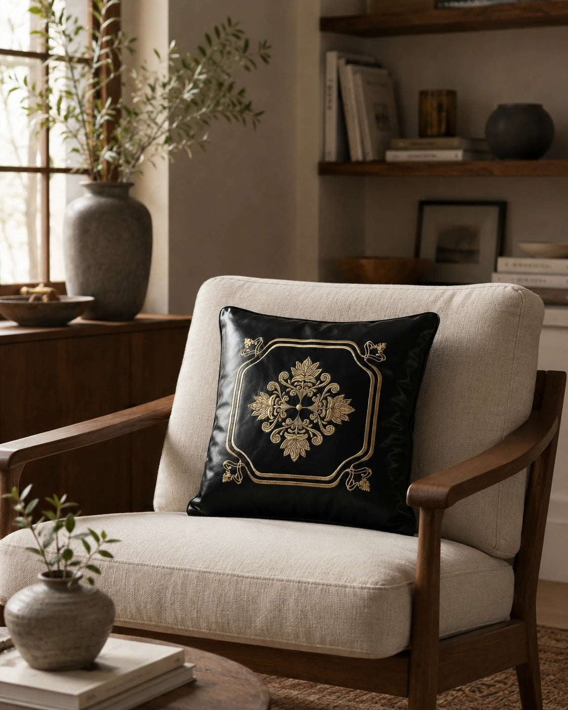 Crown black embroidered leather pillow styled in a warm wood living room