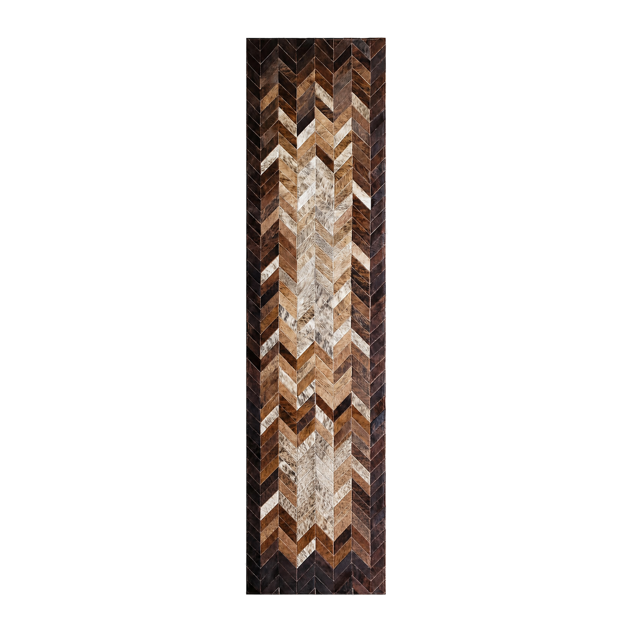 Capricornus Living Dark Brown Chevron genuine hair-on cowhide patchwork runner on a transparent background