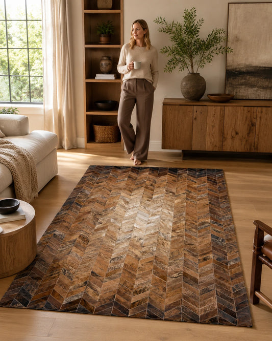 Capricornus Living Warm Brown Chevron cowhide rug shown at scale in a naturally lit living room