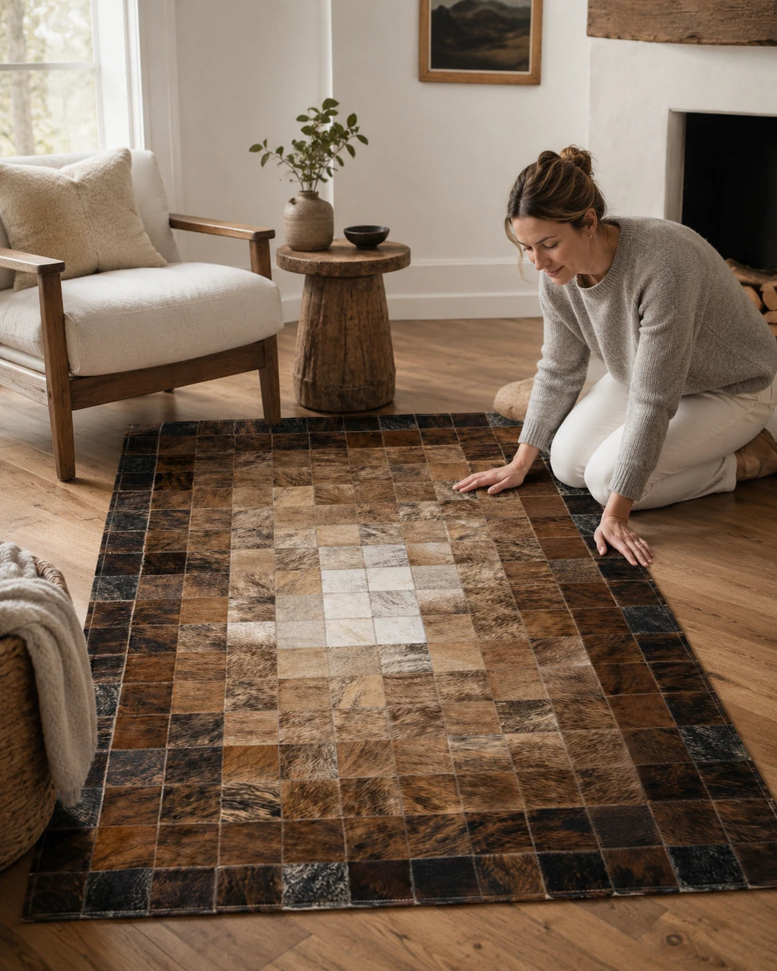 Capricornus Living Chocolate Mosaic cowhide rug shown at scale during living room styling