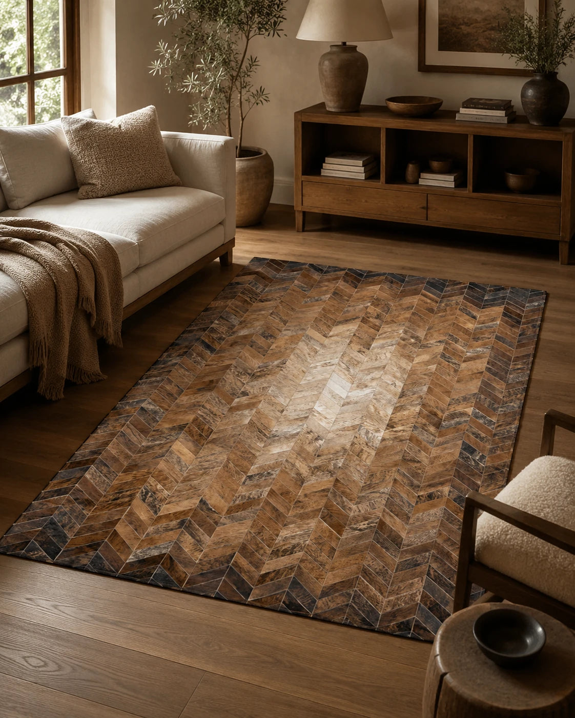 Capricornus Living Warm Brown Chevron cowhide rug styled with a neutral sofa and walnut furniture