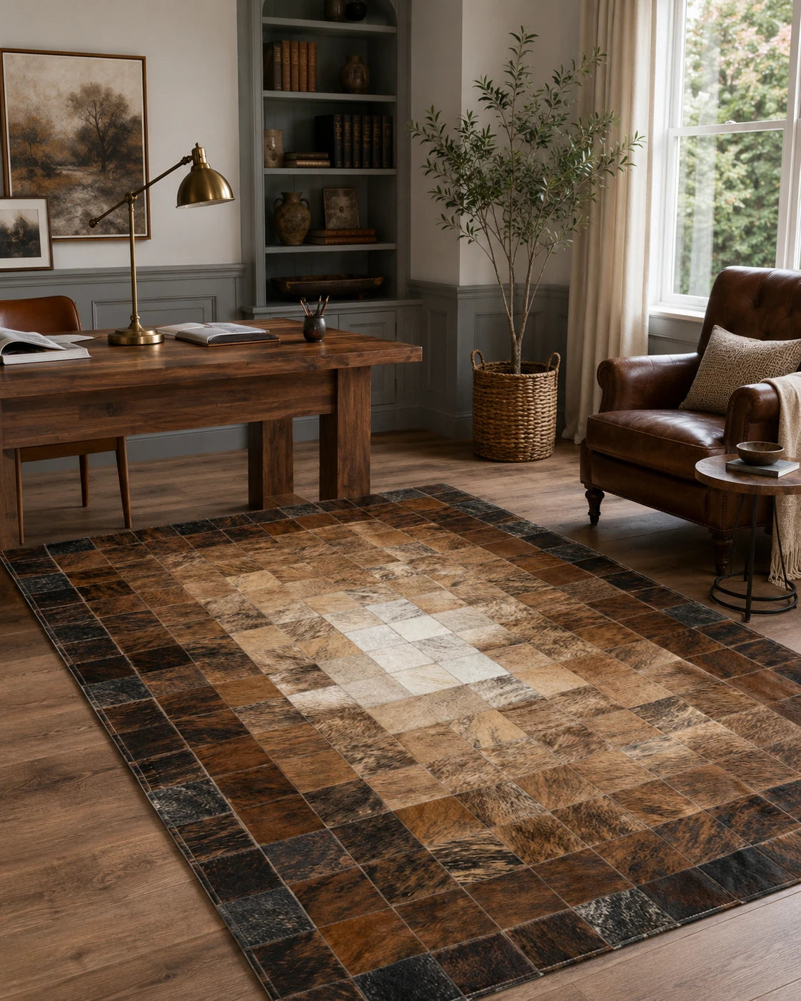 Capricornus Living Chocolate Mosaic cowhide rug styled in a warm home office