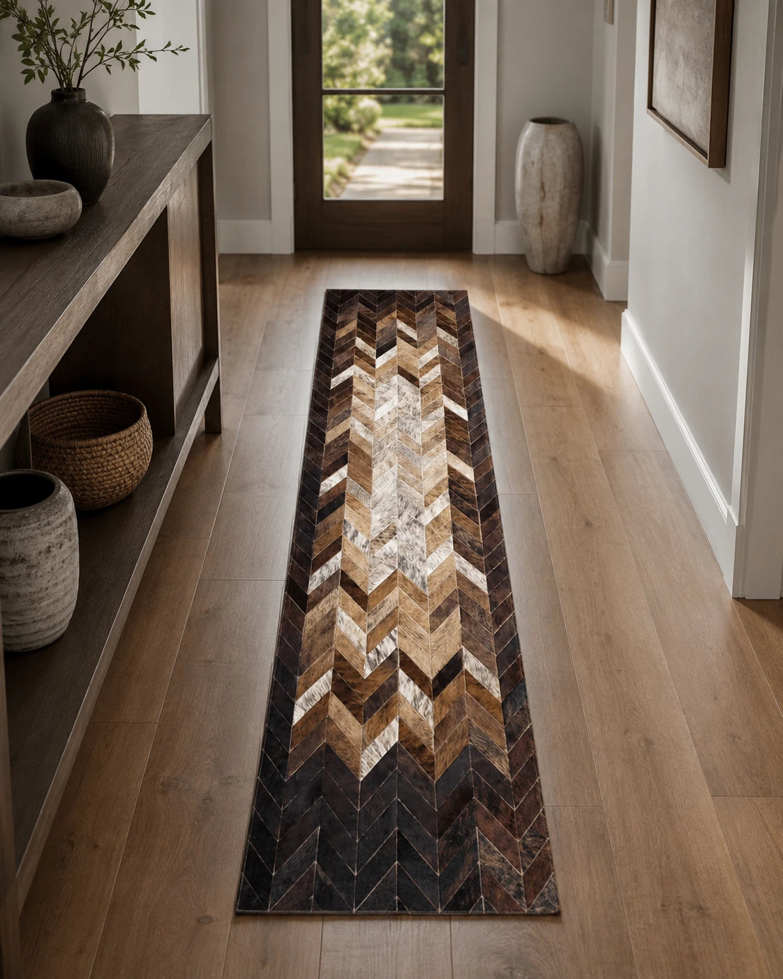 Capricornus Living Dark Brown Chevron cowhide runner styled in a quiet hallway