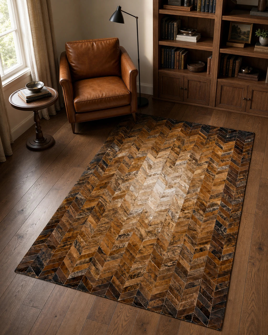 Capricornus Living Warm Brown Chevron cowhide rug in an American walnut reading room