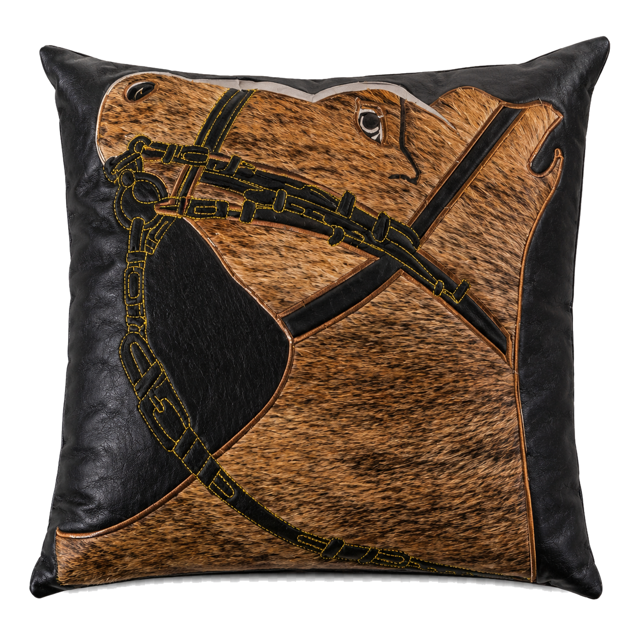 Capricornus Living Cognac Brown and Black genuine hair-on cowhide horse-head embroidered square pillow on a transparent background