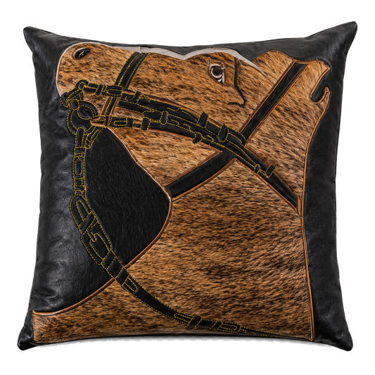 Capricornus Living Cognac Brown and Black genuine hair-on cowhide horse-head embroidered square pillow on a transparent background