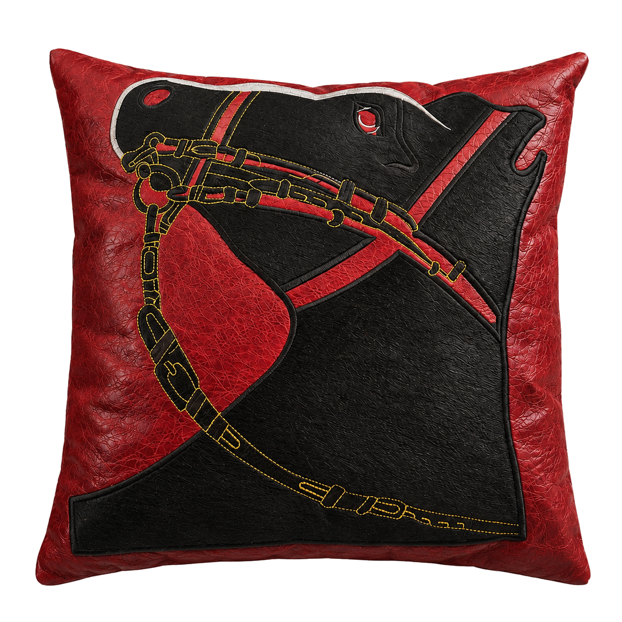 Capricornus Living Red and Black genuine hair-on cowhide horse-head embroidered square pillow on a transparent background