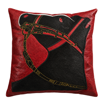 Capricornus Living Red and Black genuine hair-on cowhide horse-head embroidered square pillow on a transparent background