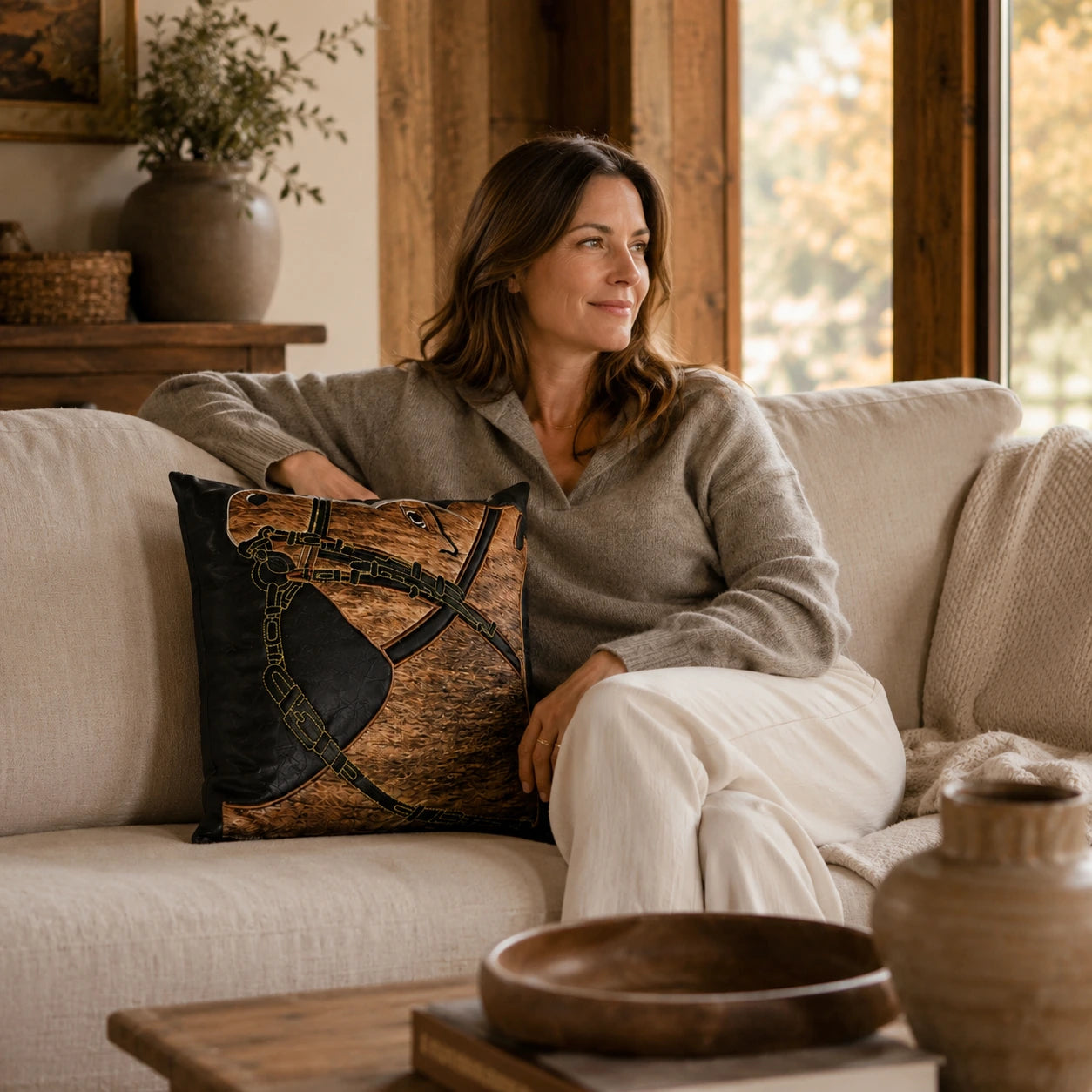 Capricornus Living Adult with a Cognac Brown and Black genuine cowhide horse-head pillow on a linen sofa