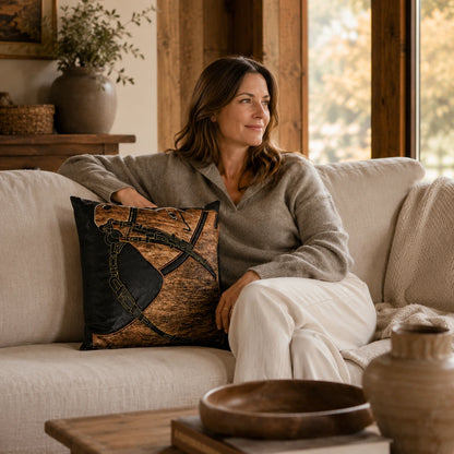 Capricornus Living Adult with a Cognac Brown and Black genuine cowhide horse-head pillow on a linen sofa