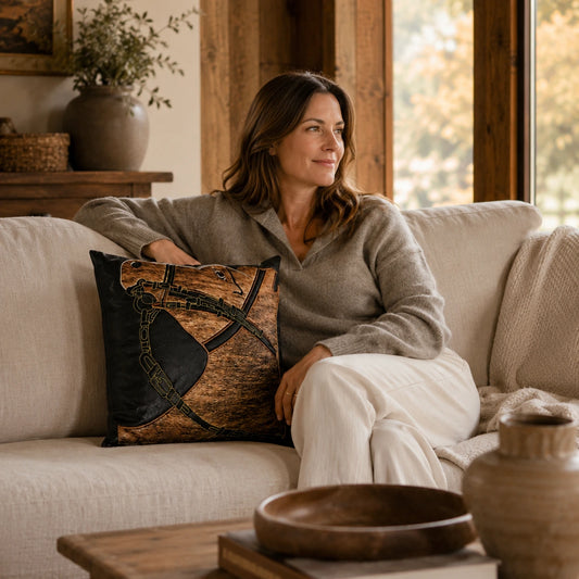 Capricornus Living Adult with a Cognac Brown and Black genuine cowhide horse-head pillow on a linen sofa