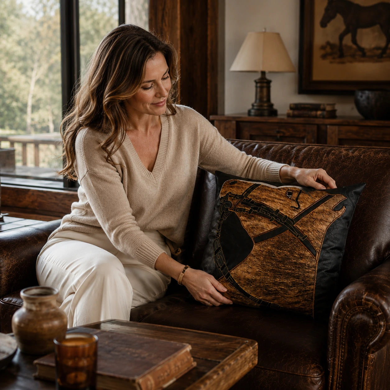Capricornus Living Adult arranging a Cognac Brown and Black genuine cowhide horse-head pillow on a leather chair