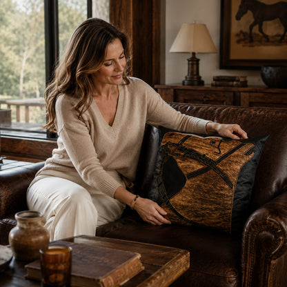 Capricornus Living Adult arranging a Cognac Brown and Black genuine cowhide horse-head pillow on a leather chair