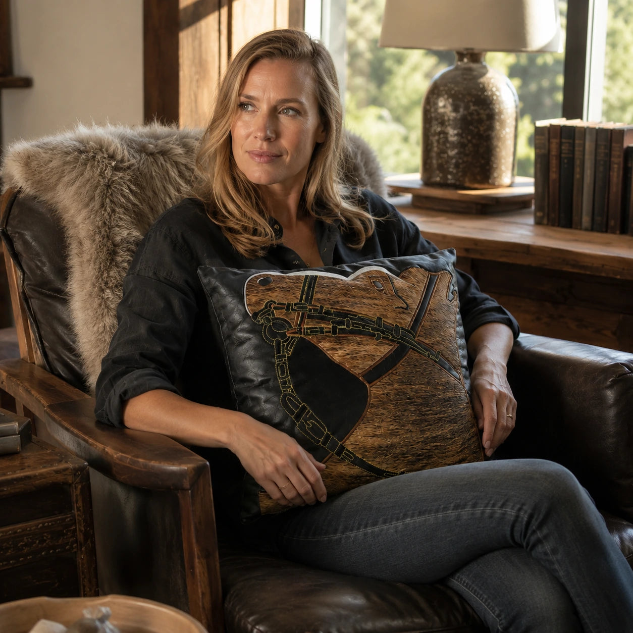 Capricornus Living Adult relaxing with a Cognac Brown and Black genuine cowhide horse-head pillow