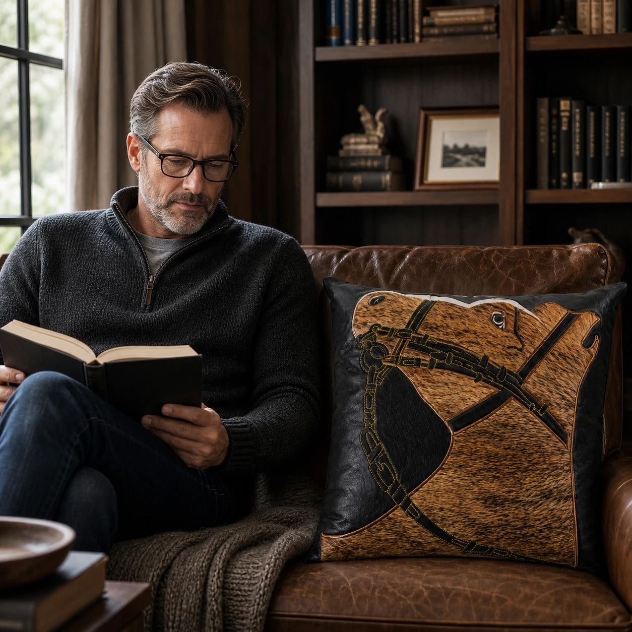 Capricornus Living Adult reading beside a Cognac Brown and Black genuine cowhide horse-head pillow in an American home library