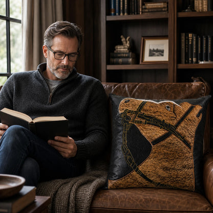 Capricornus Living Adult reading beside a Cognac Brown and Black genuine cowhide horse-head pillow in an American home library