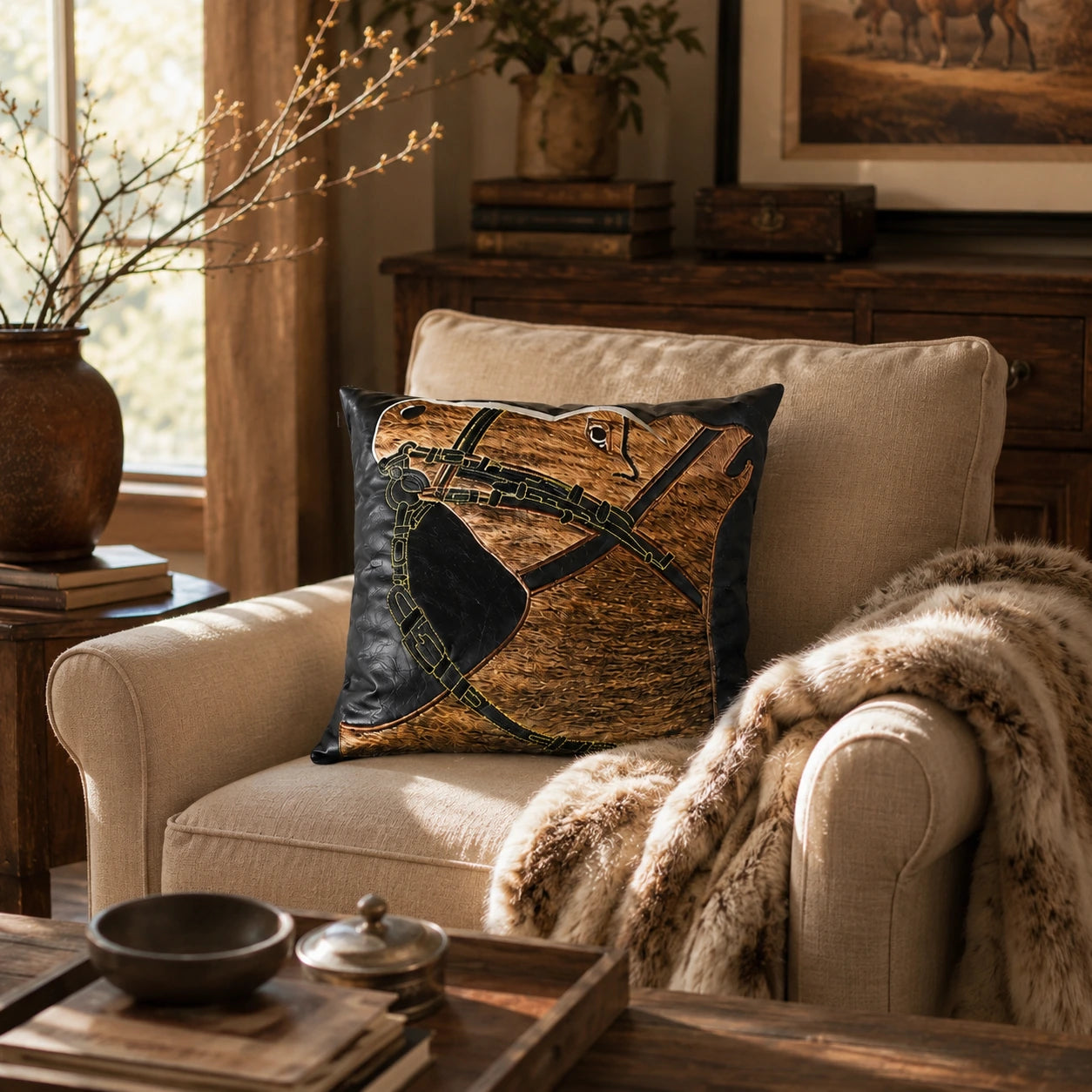 Capricornus Living Cognac Brown and Black genuine cowhide horse-head pillow styled on a lounge chair