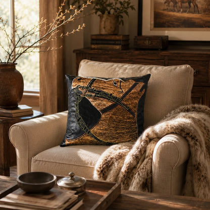 Capricornus Living Cognac Brown and Black genuine cowhide horse-head pillow styled on a lounge chair