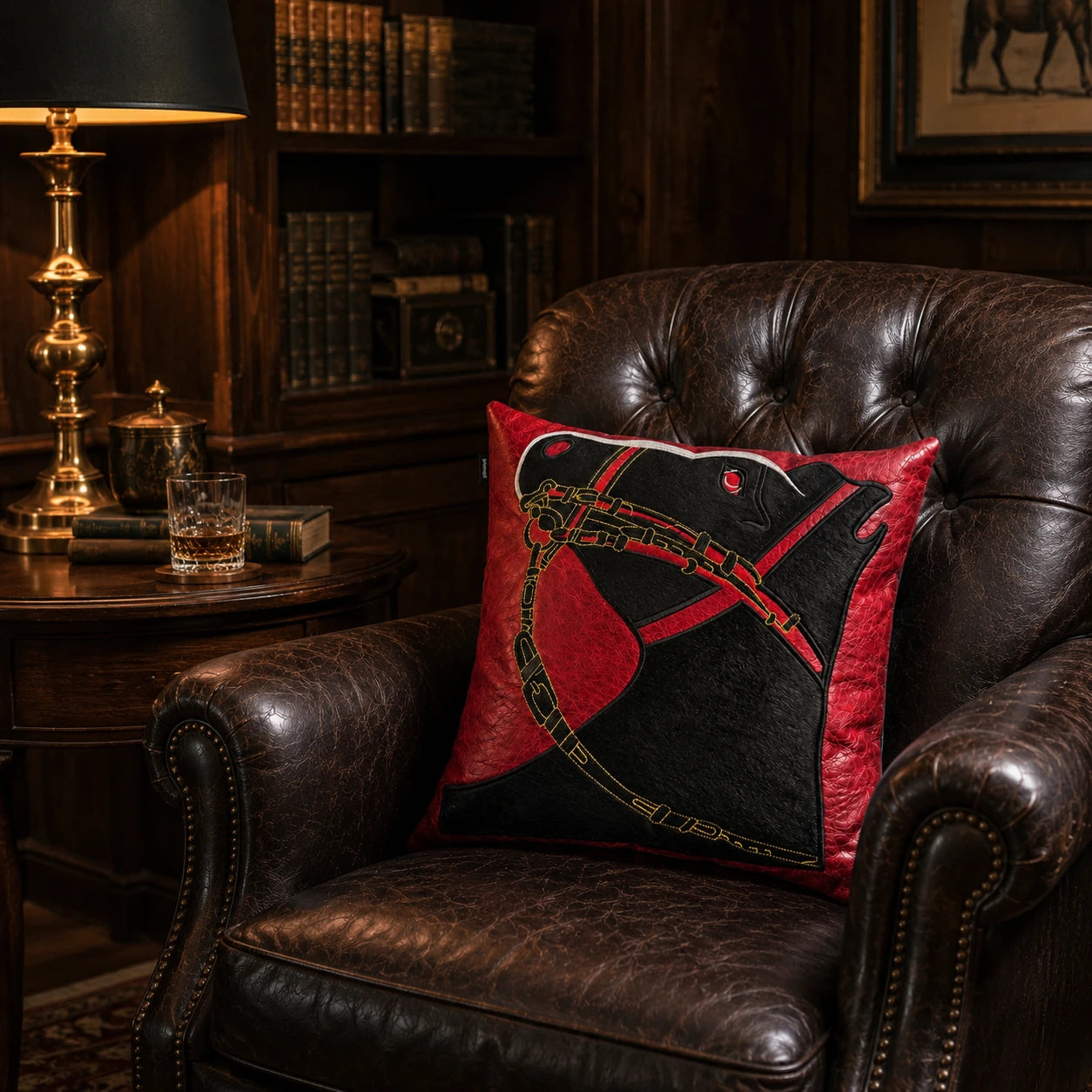 Capricornus Living Red and Black genuine cowhide horse-head pillow styled on a leather chair